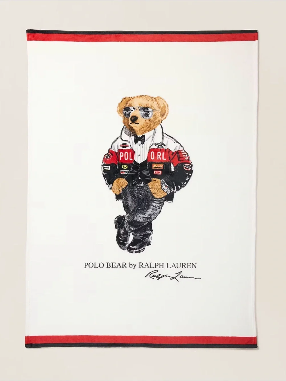 NWT POLO Ralph Lauren White TUXEDO RACING JACKET BEAR 50” X 70” Fleece Blanket